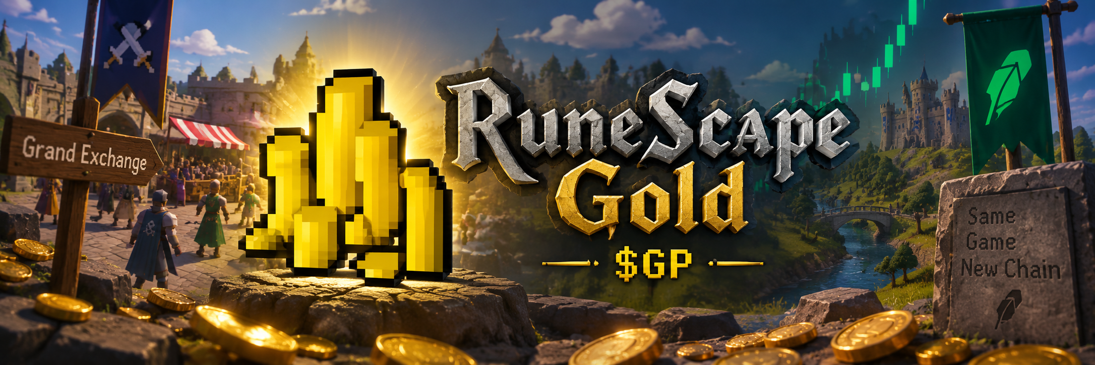 RuneScape Gold banner: pixel gold stack at the Grand Exchange, with Robinhood Chain market energy beyond the castle hills